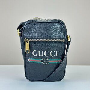 Gucci Black Leather Gucci Printed Small Messenger Bag Crossbody